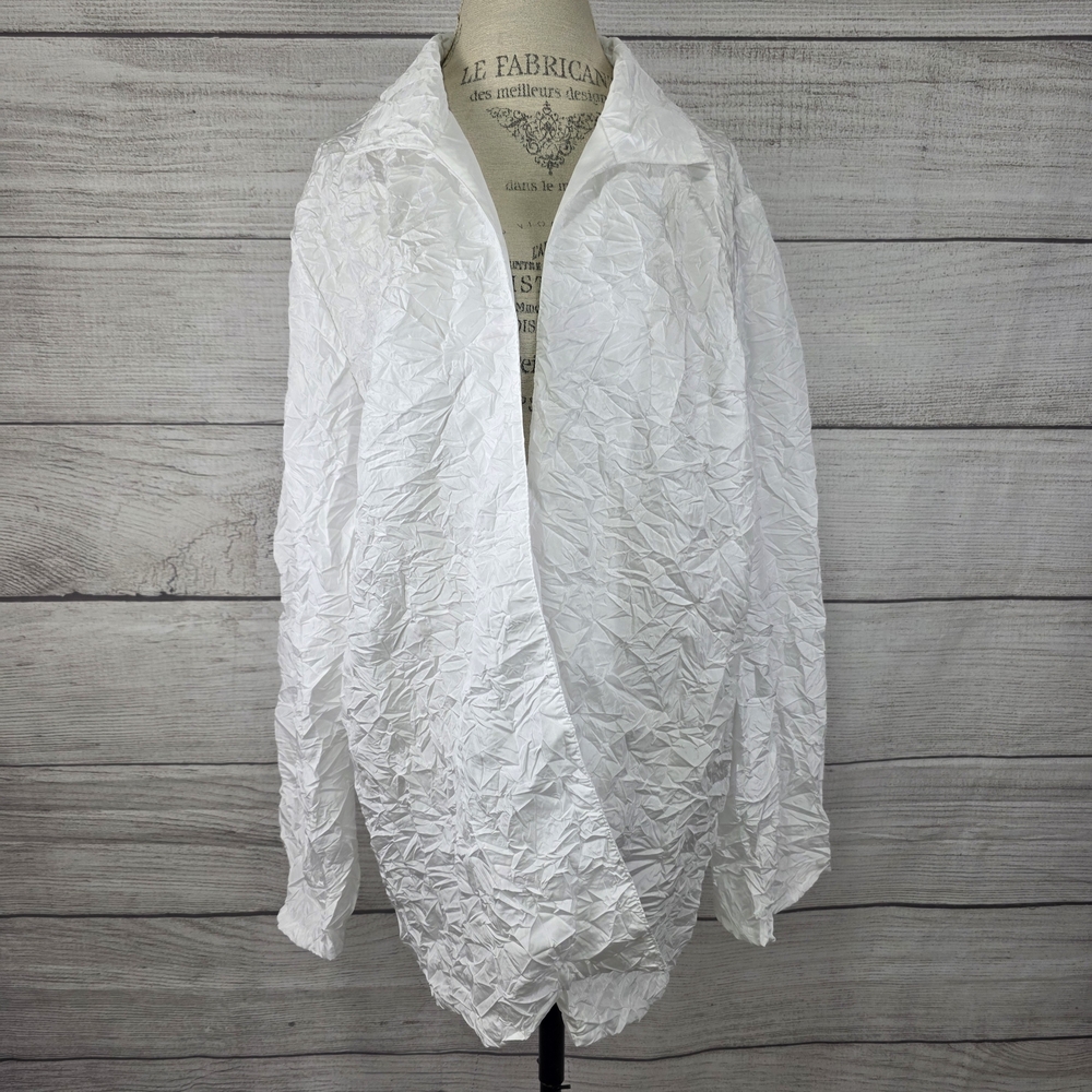 Citiknits Womens White Crinkle Knit Long Sleeve Collared Jacket